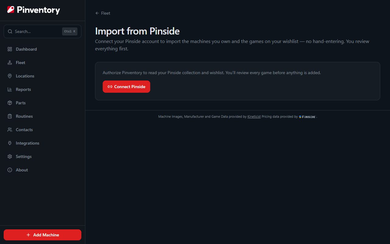 The Pinside collection import screen with the connect step.