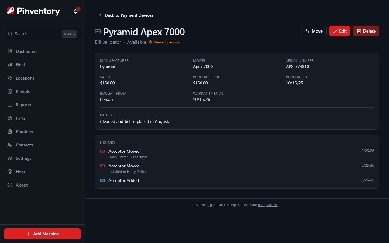 A payment device's page showing its manufacturer, model, serial number, value, purchase details, warranty date, notes, and a history of moves between a game and the shelf.