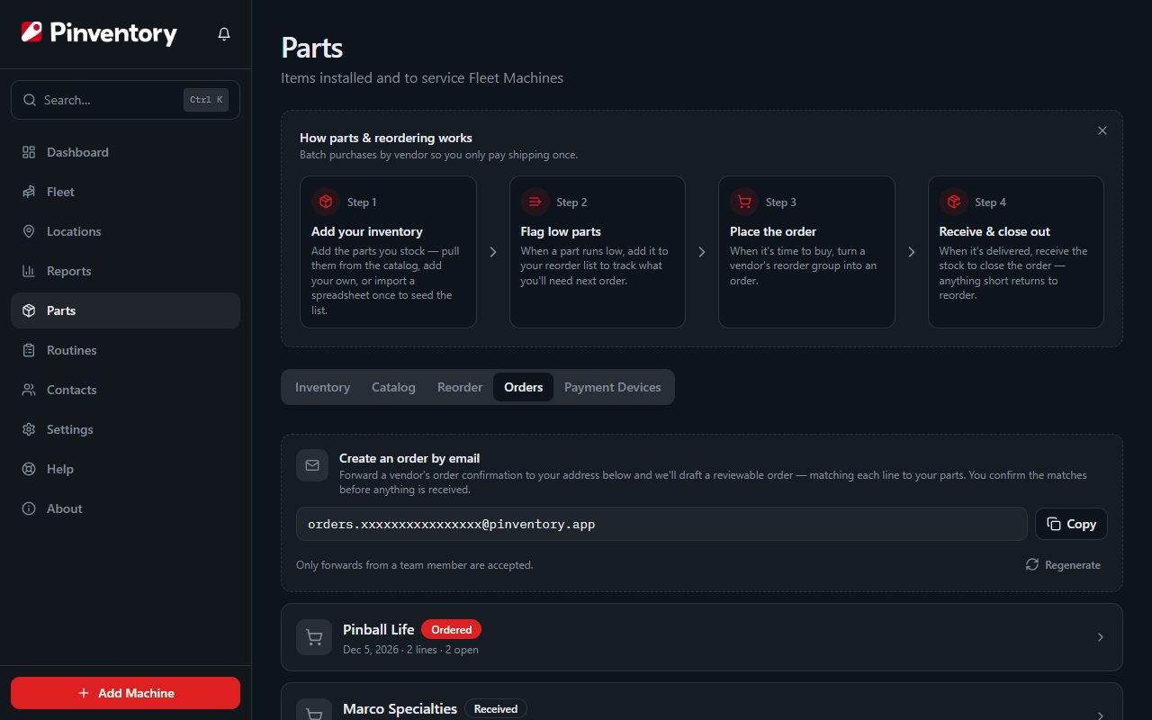 The Orders tab showing the email forwarding card and an order flagged as needing review.