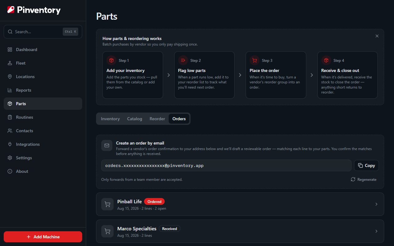 The Orders tab showing the email forwarding card and an order flagged as needing review.