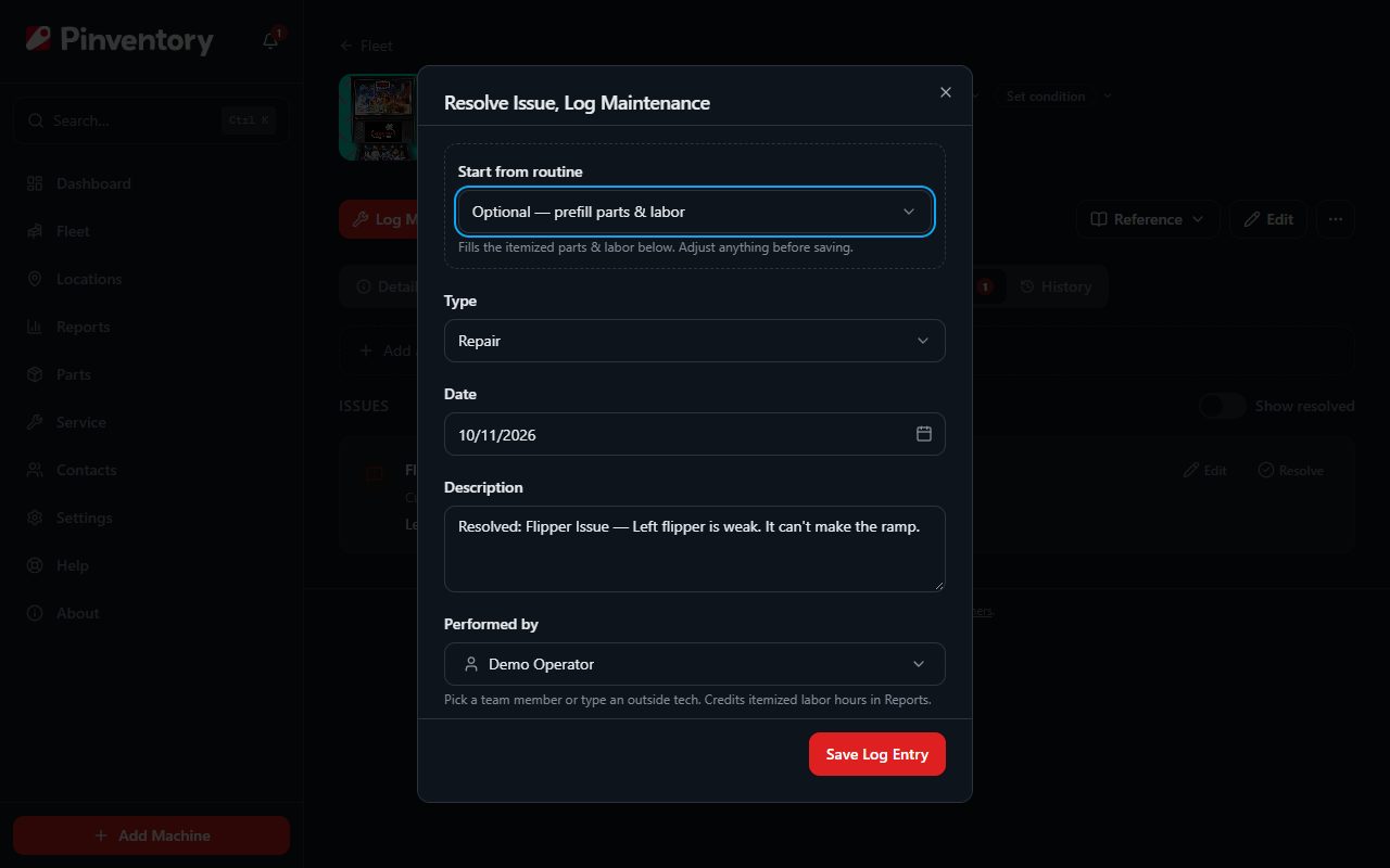 The Resolve Issue, Log Maintenance dialog opened from an open issue.