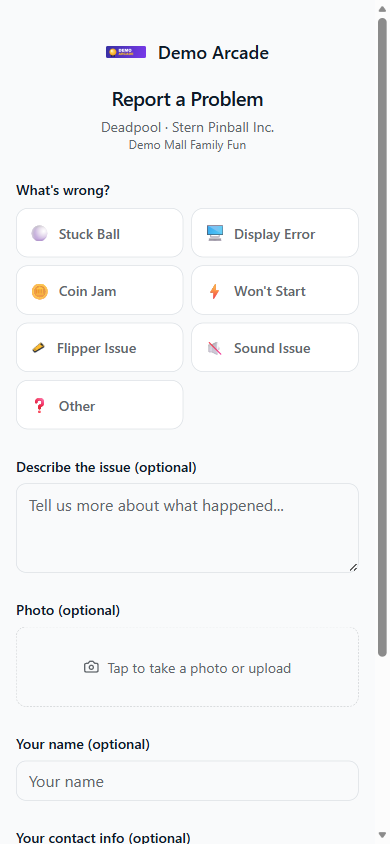 The public report page on a phone: category buttons for stuck ball, coin jam, flipper issue, and more, with an optional description and photo